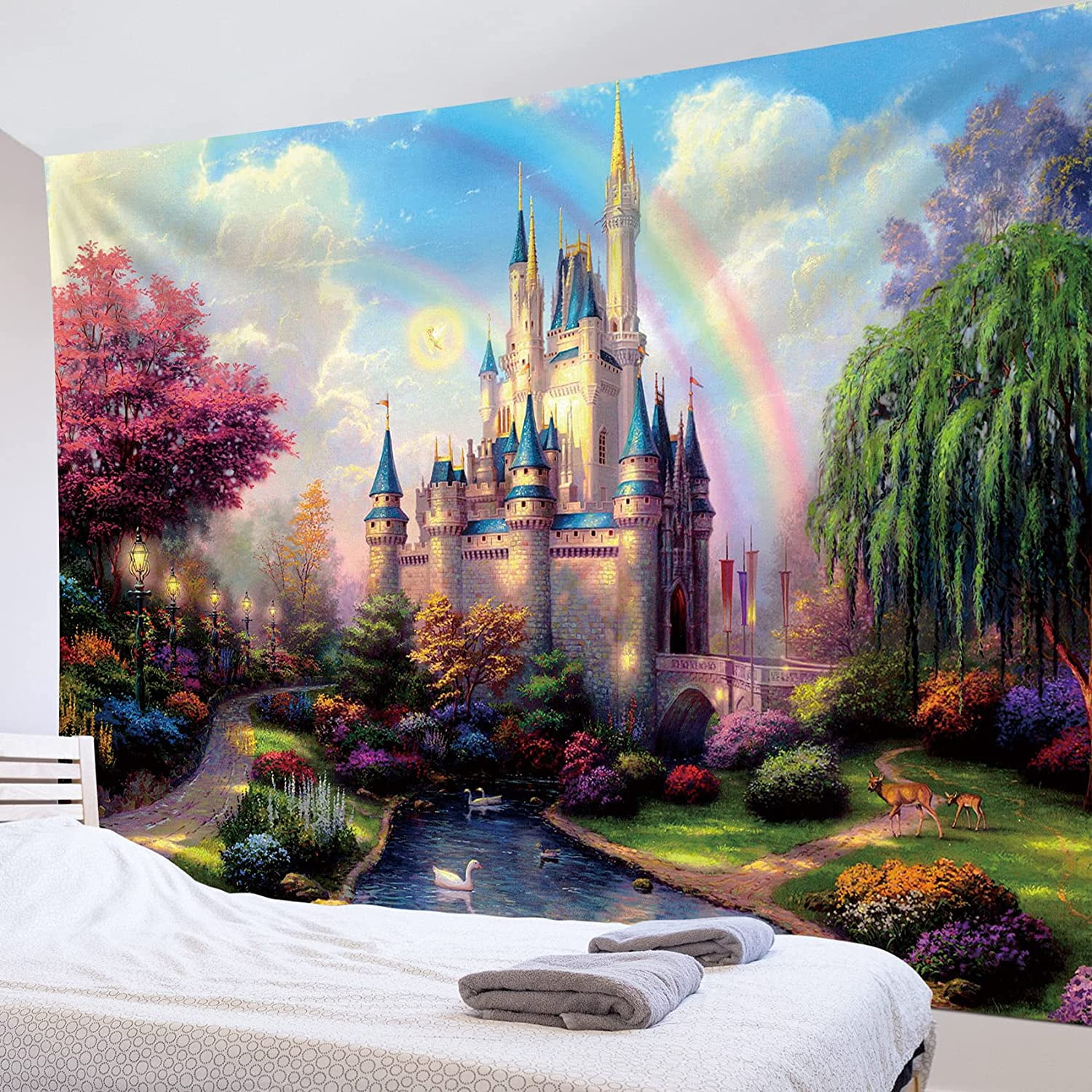 Castle Tapestry Trees and River in Fantasy Forest Wall Hanging Fairy Tale Tapestries for Kids Bedroom Living Room Dorm Party Wall Decor 80Wx60H inches