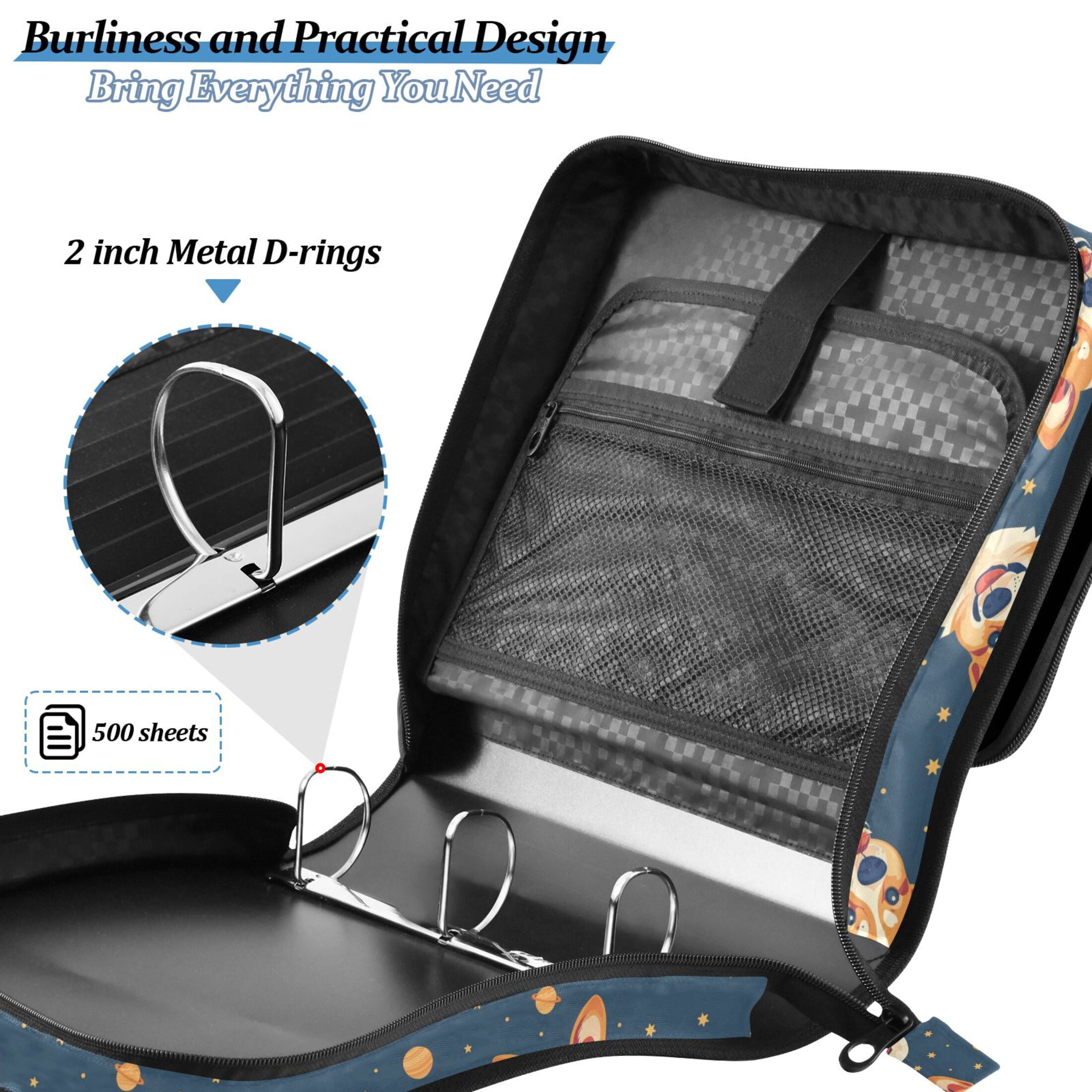3 Ring Zipper Binder with Shoulder Strap Waterproof Trapper Keeper 2 Inch D-Ring 500 Sheets Capacity Corgi Dog and Planet