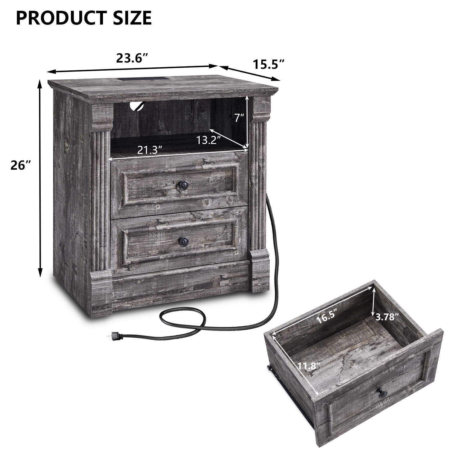 wow97e Farmhouse Nightstand set of 2, End Table w/Charging Station, Roman Column, Wood Rustic Bedside Table w/Open Shlef for Bedroom
