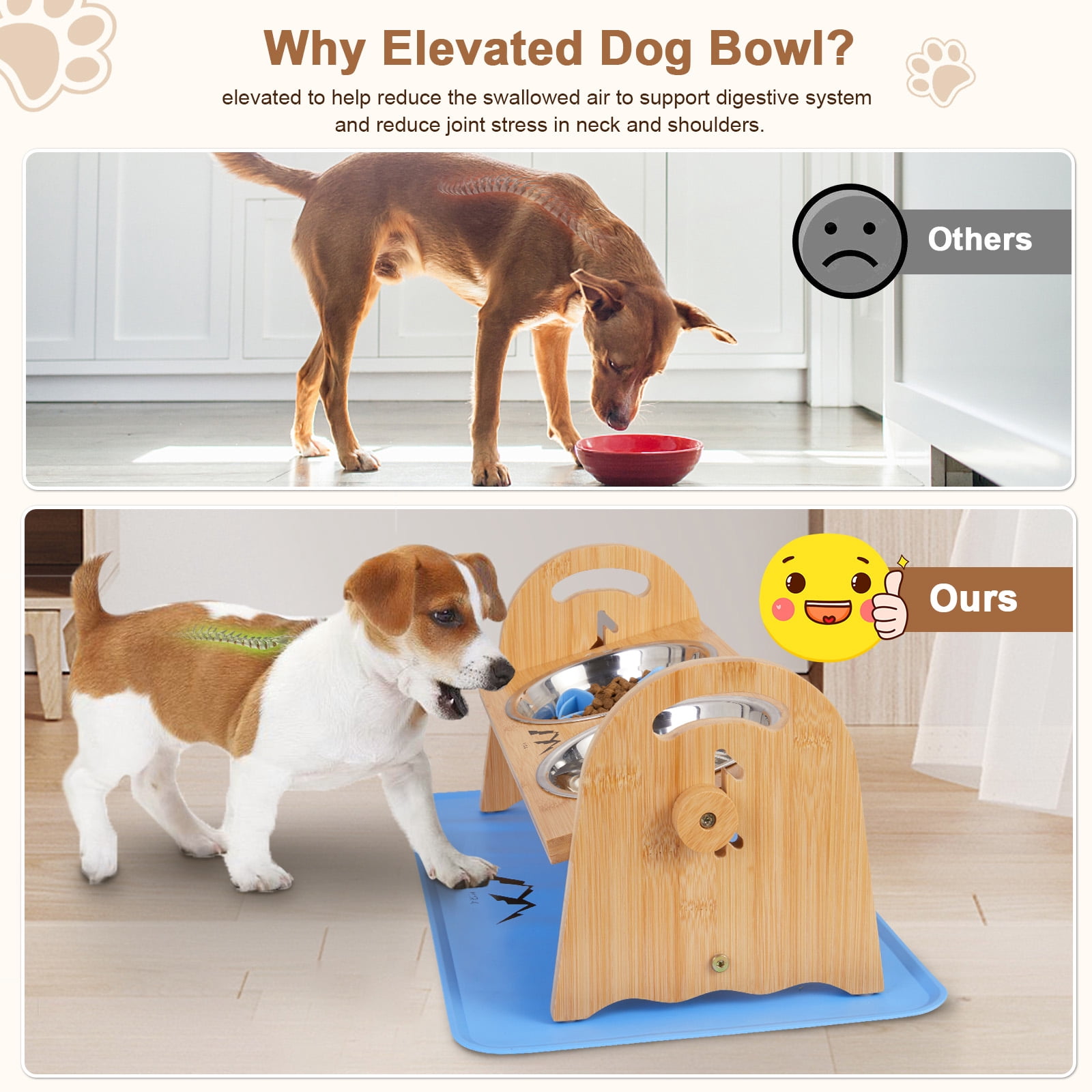 M1R4 Pet Supplies Adjustable Height Small Bamboo Elevated Bowl Bundle with Two Stainless Steel Bowls for Pets, Blue