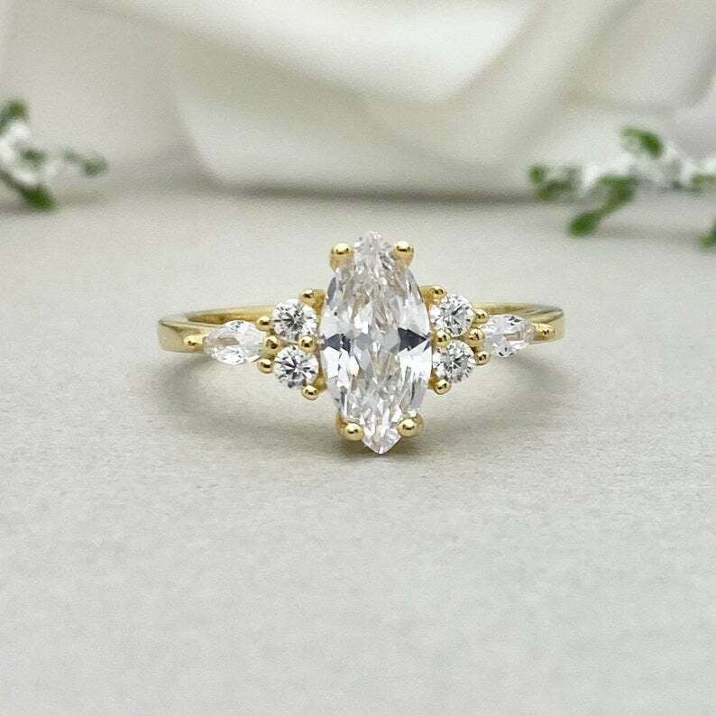 HeartsAndYou 1.5ct Engagement Ring for Women Marquise Cut Moissanite Petite Solitaire 18k Yellow Gold Over Silver