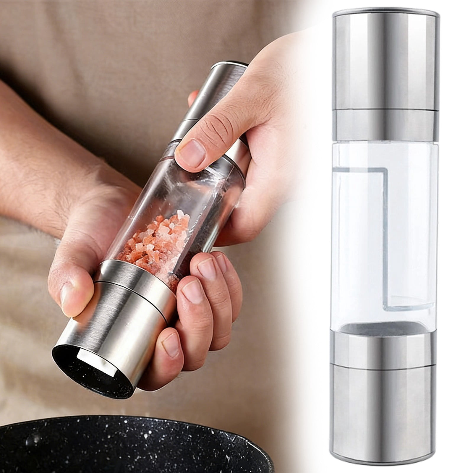 2PCS 2-In-1 Salt and Pepper Grinders, Dual Mill Combo Spice Mills Stainless Steel Seasoning Mills,Adjustable Coarseness Easy Refill Grinder for Culinary Enthusiasts Chefs Daily Kitchen Dining,Silver