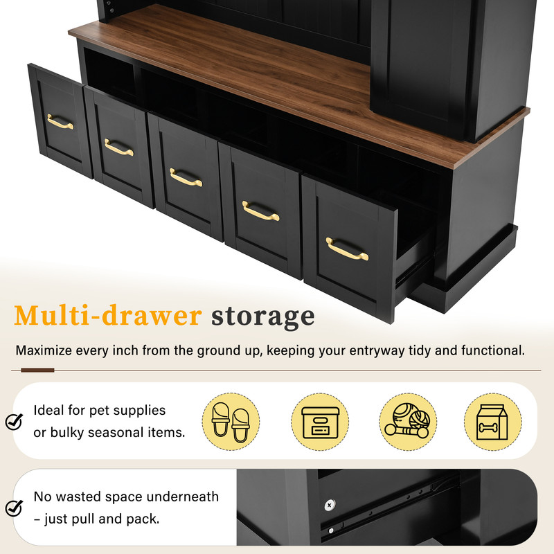 Farmhouse Hall Tree with Open Cubbies, Entryway Coat Rack with Hooks, Multi-Functional Mudroom Organizer with Storage Drawers for Shoes, Bags and Accessories