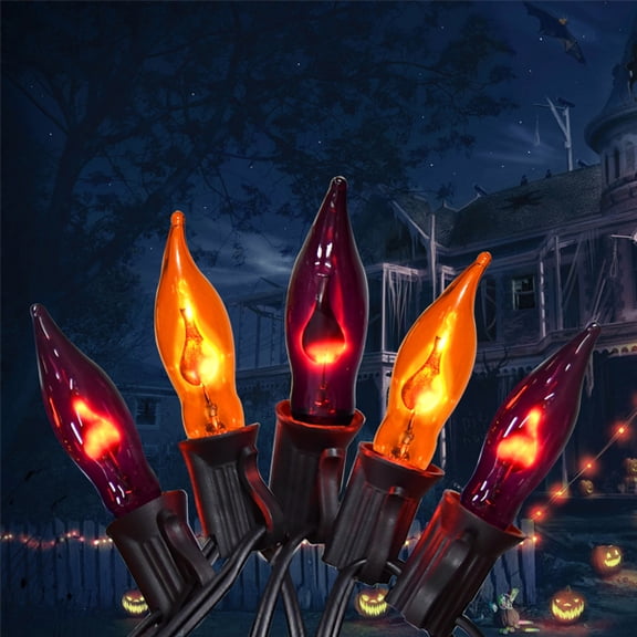 Halloween Decorations - Indoor and Outdoor Flickering Flame String Lights, 12.8ft C7 Vintage Flickering Flame String Lights, Orange and Purple String Lights with 10 Flame Bulbs (E12 Bulbs, Black Wire