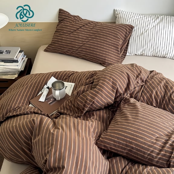 JOLUSERE Brown Striped Duvet Cover Queen Set,3-Piece Stripes Pattern Breathable Microfibre Comforter Cover