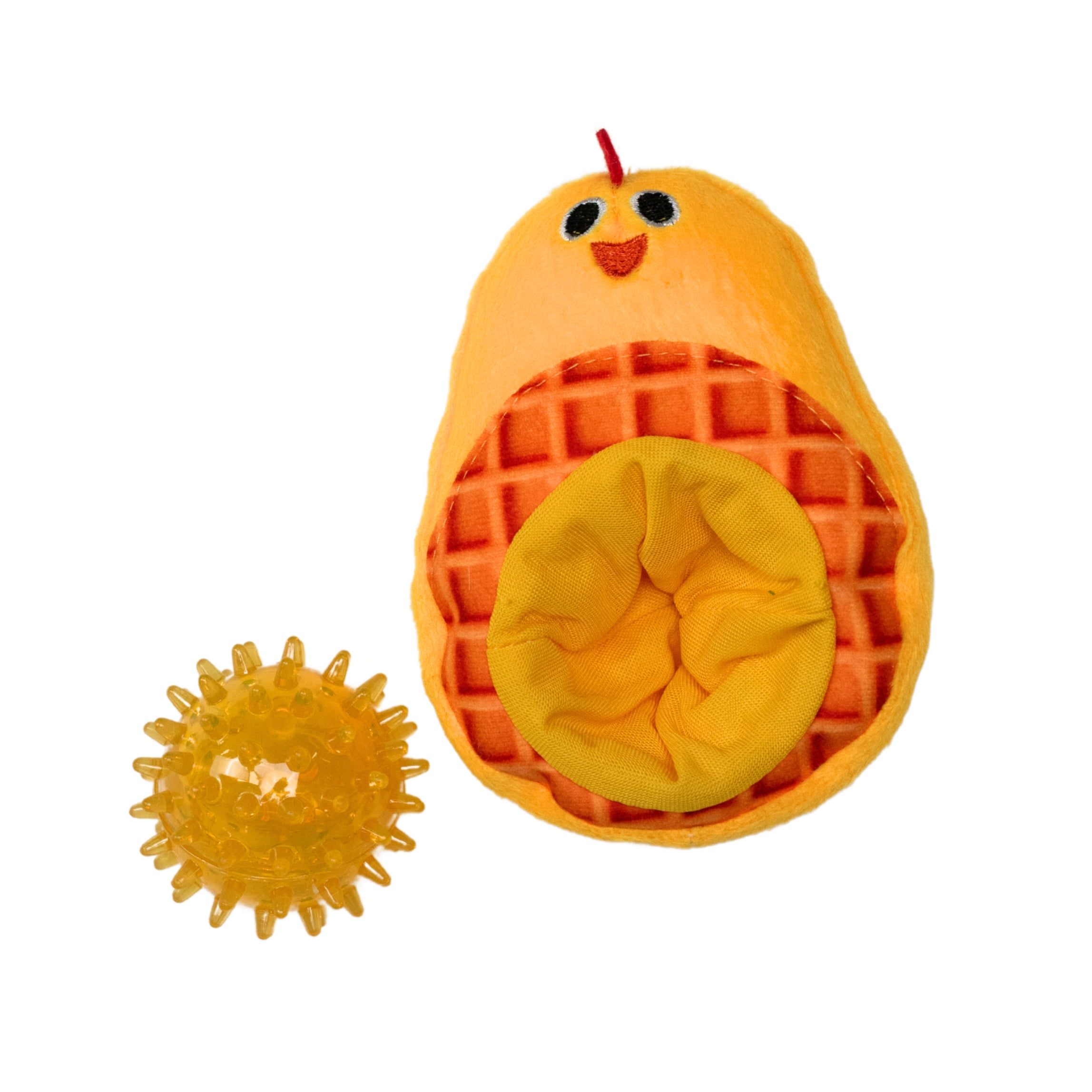 Vibrant Life Fetch Buddy Chicken Waffle Plush Dog Toy with Detachable Spikey Ball, Chew Level 1