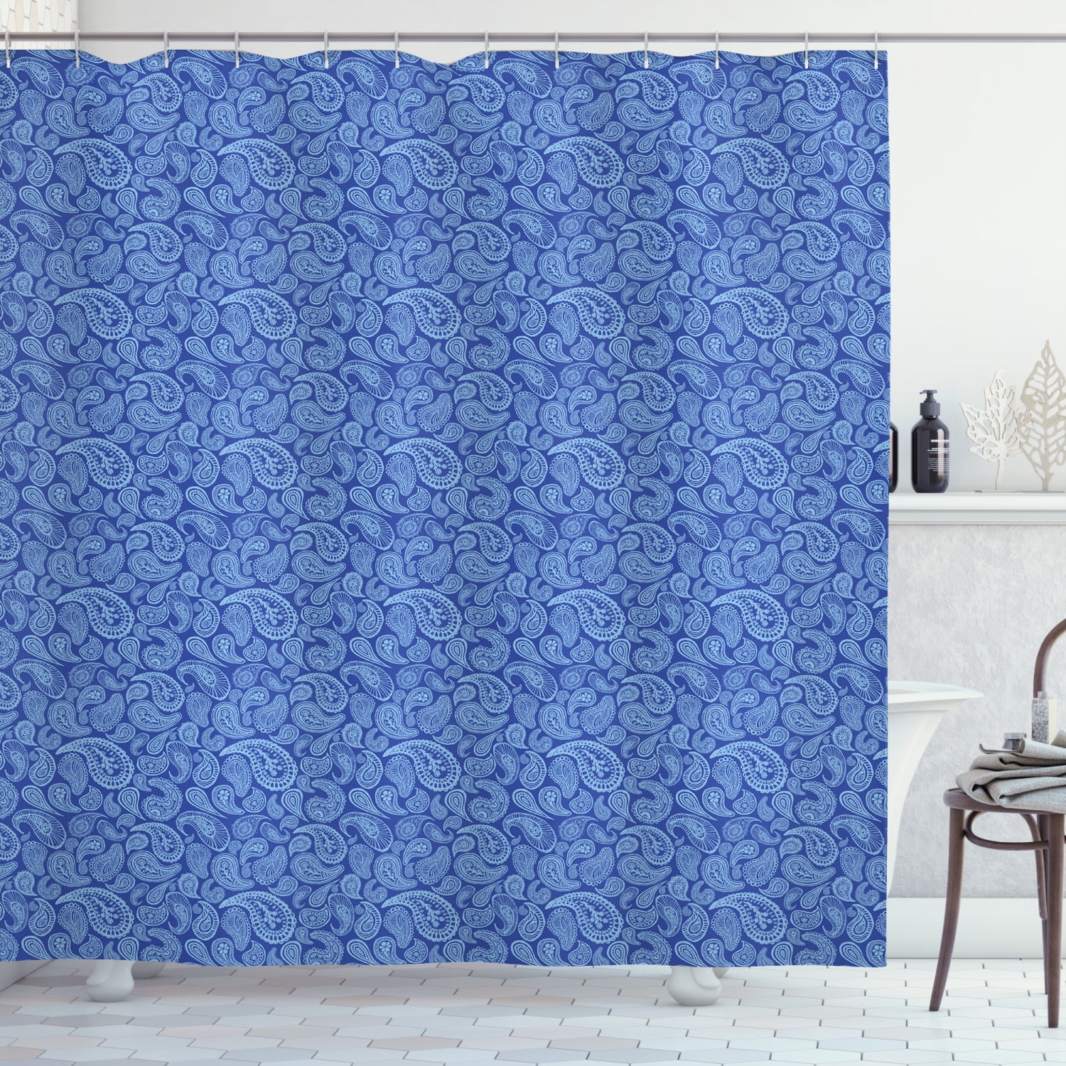 Blue Paisley Shower Curtain, Continuous Drop Shaped Elements Ethnic Motifs Bicolor Arrangement