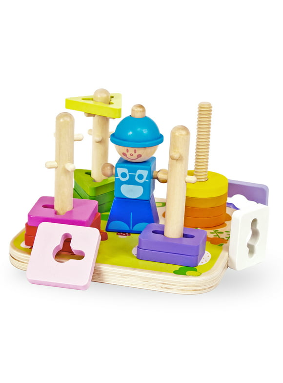 WOODENFUN Wooden Sorting & Stacking Toys for Toddlers 1-3, Montessori Shape Sorter Learning Toy