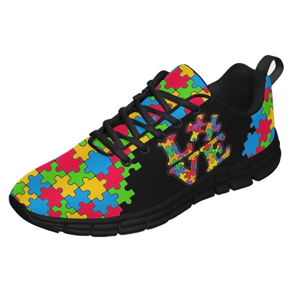 Autism Shoes Women Men Running Sneakers Autism Awareness Puzzle Print Tennis Walking Shoes Black Size 3.5
