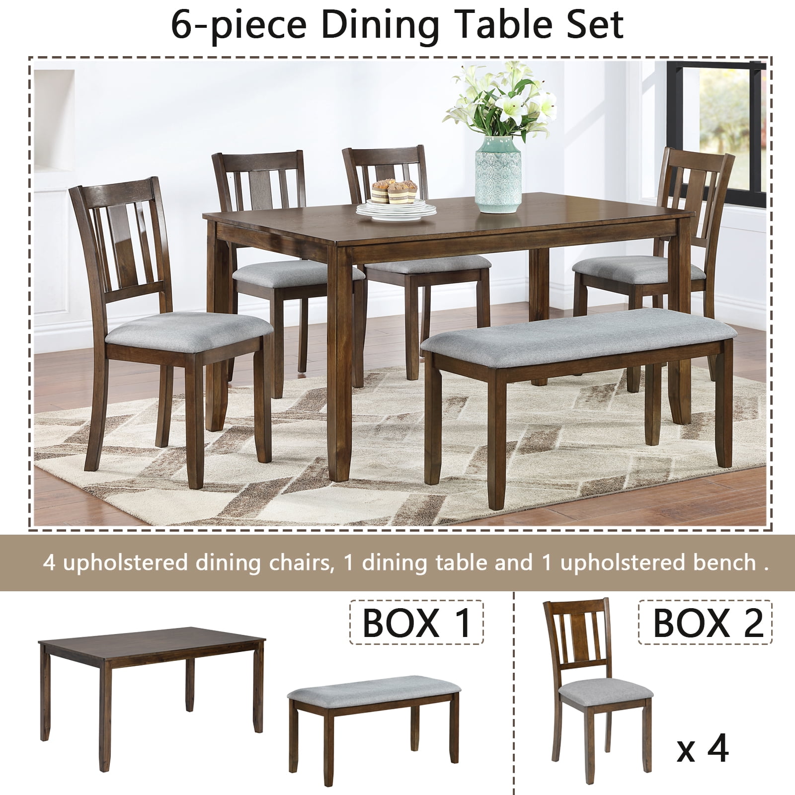 HOQBN 6 PieceKitchen Dining Table Set,Rectangular Wooden Dining Table with 4 Upholstered Chairs and a Bench, Dining Table Set for 6 People, Living Room, Home Bar and Kitchen,Walnut