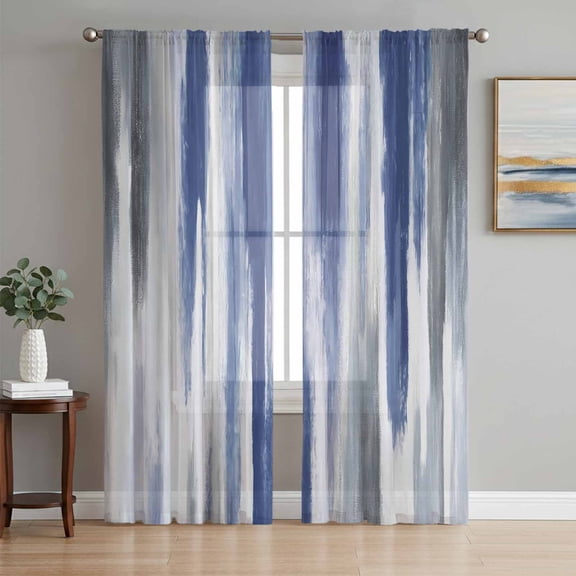 Abstract Navy Blue Semi Sheer Curtains 84 Inch Length 2 Panels Set, Vintage Grey Street Painting Art Sheer Kitchen Curtain Privacy Voile Window Curtain for Living Room Bedroom Rod Pocket Drapes