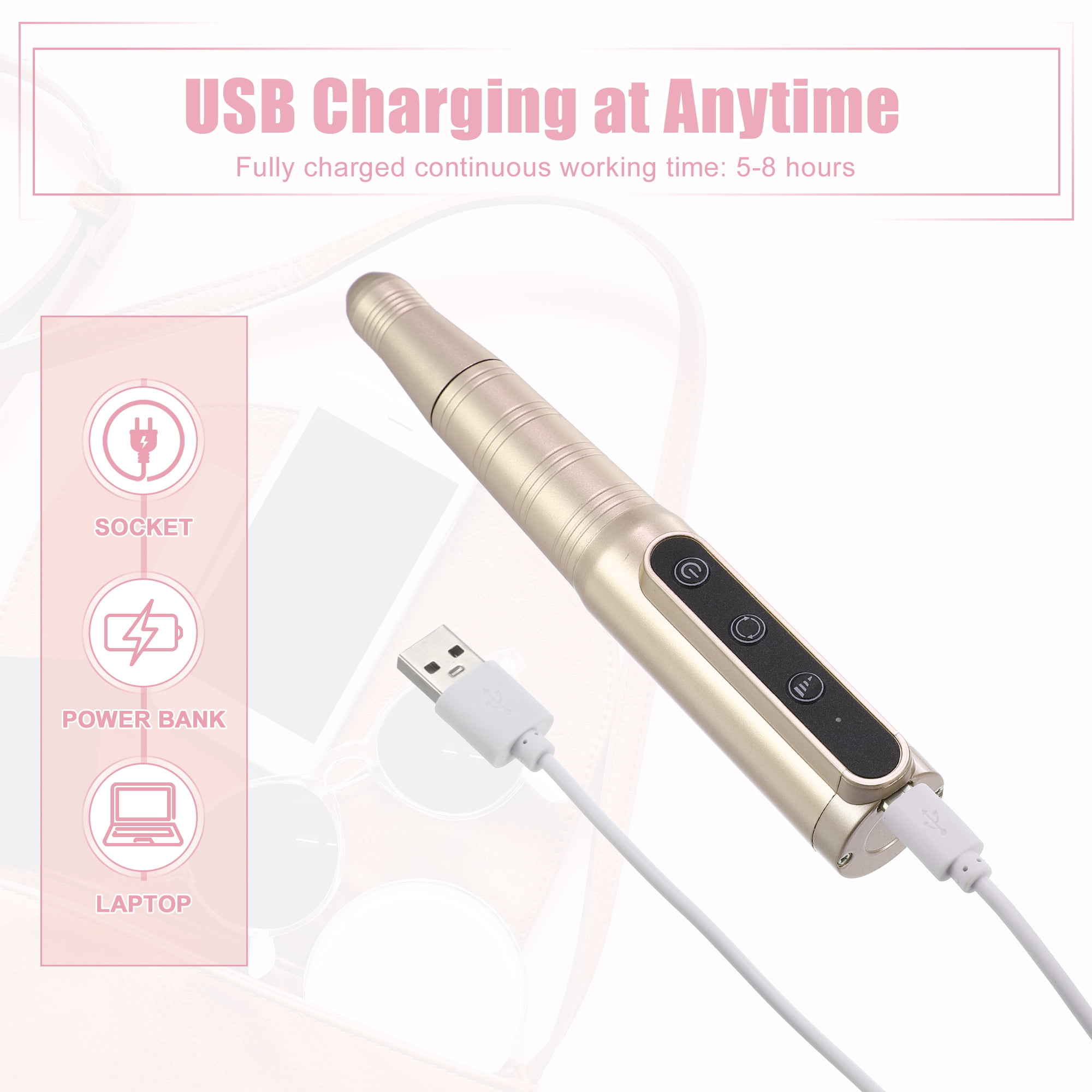 Electric Cordless Nail Drill Kit 26000RPM Nail Drill Machine Nail Drill for Manicure Polishing Gold Tone