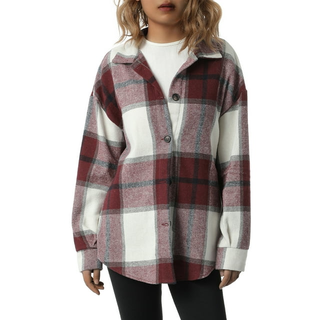Women's Oversized Plaid Button Down Shirt Shacket Jacket Long Sleeve Casual Fall Outwear