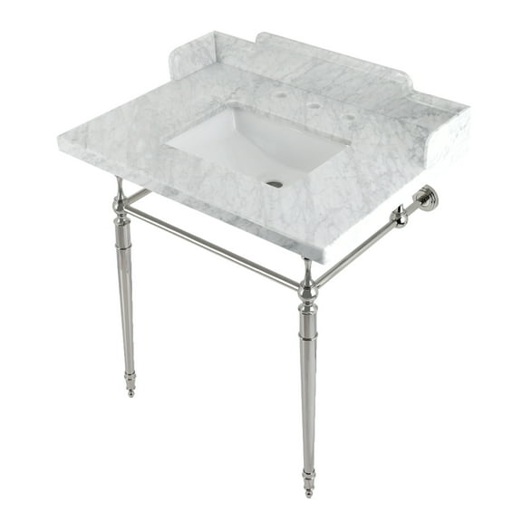 Kingston Brass LMS3022M8SQ6 Habsburg 30" Carrara Marble Console Sink with Brass Legs (8-Inch, 3-Hole), Carrara Marble White/Polished Nickel
