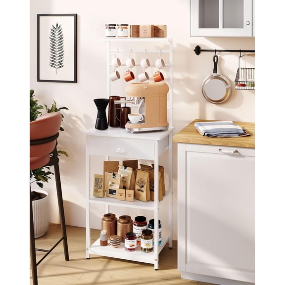 5 Tier Coffee Bar Station with Fabric Drawers and Hooks, Height Adjustable Corner Bakers Rack for Kitchen Living Room