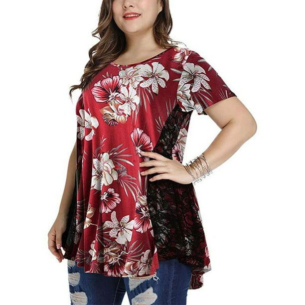 Plus Size Shirts for Women Short Sleeve Summer Tops Tie Dye Lace Tunics Casual Loose Blouse S-5XL -
