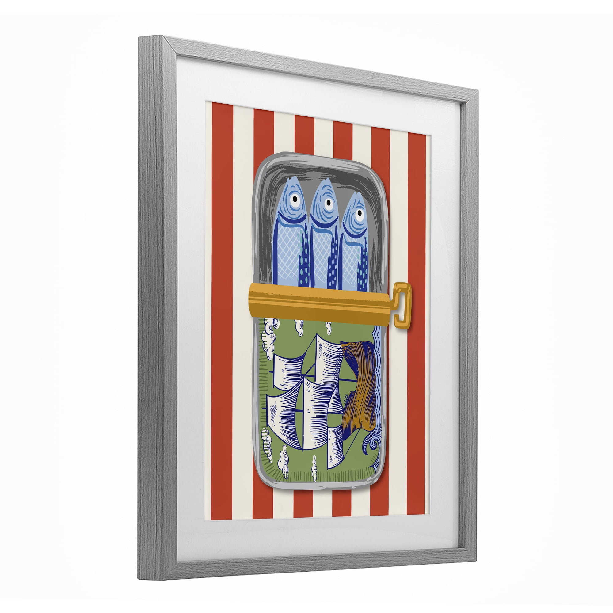 Stupell Industries Sardines with Antique Ship Gray Framed Print Under Glass, design by Arrolynn Weiderhold