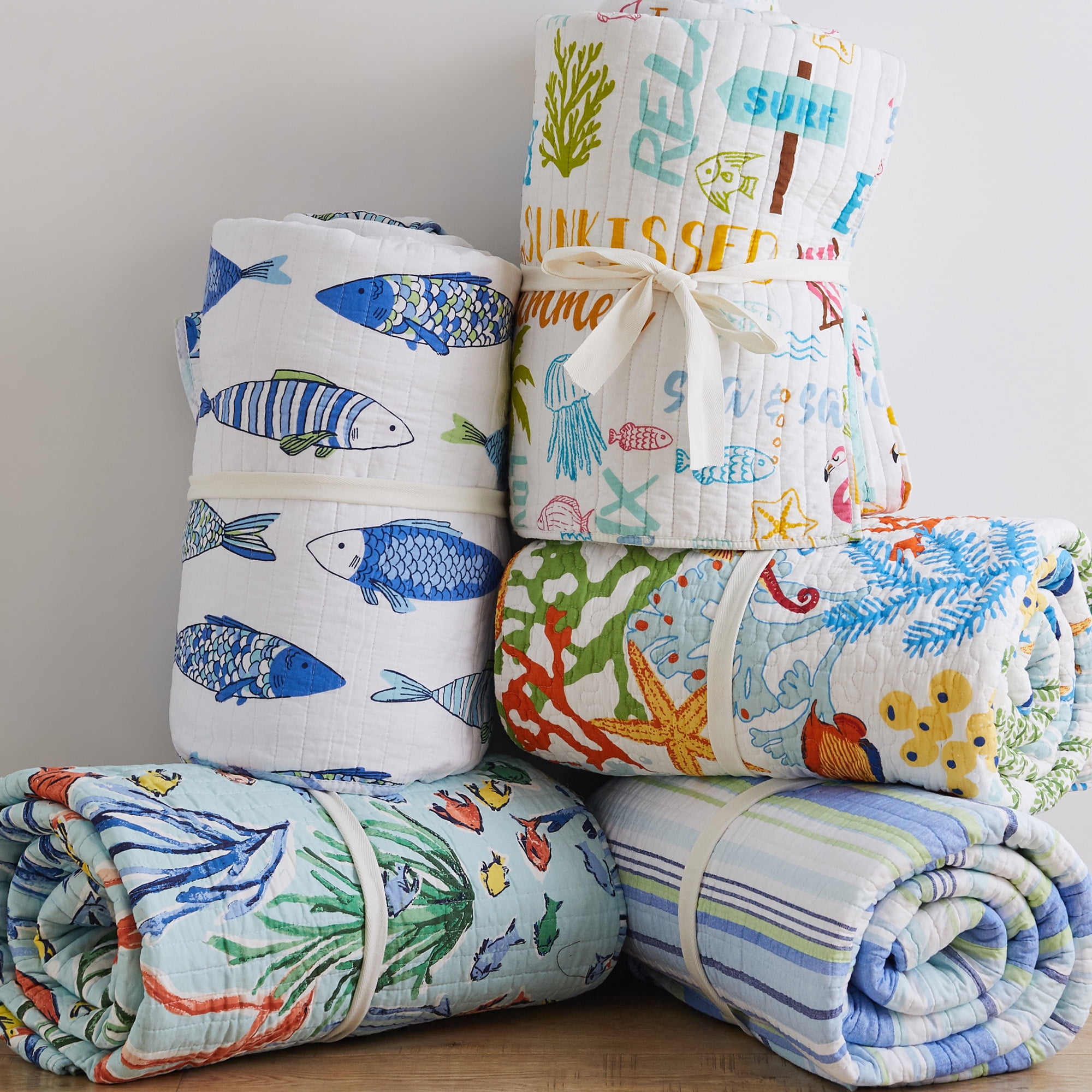 Levtex Home Catalina Fish Blue Striped Cotton Quilt, Full/Queen - Reversible
