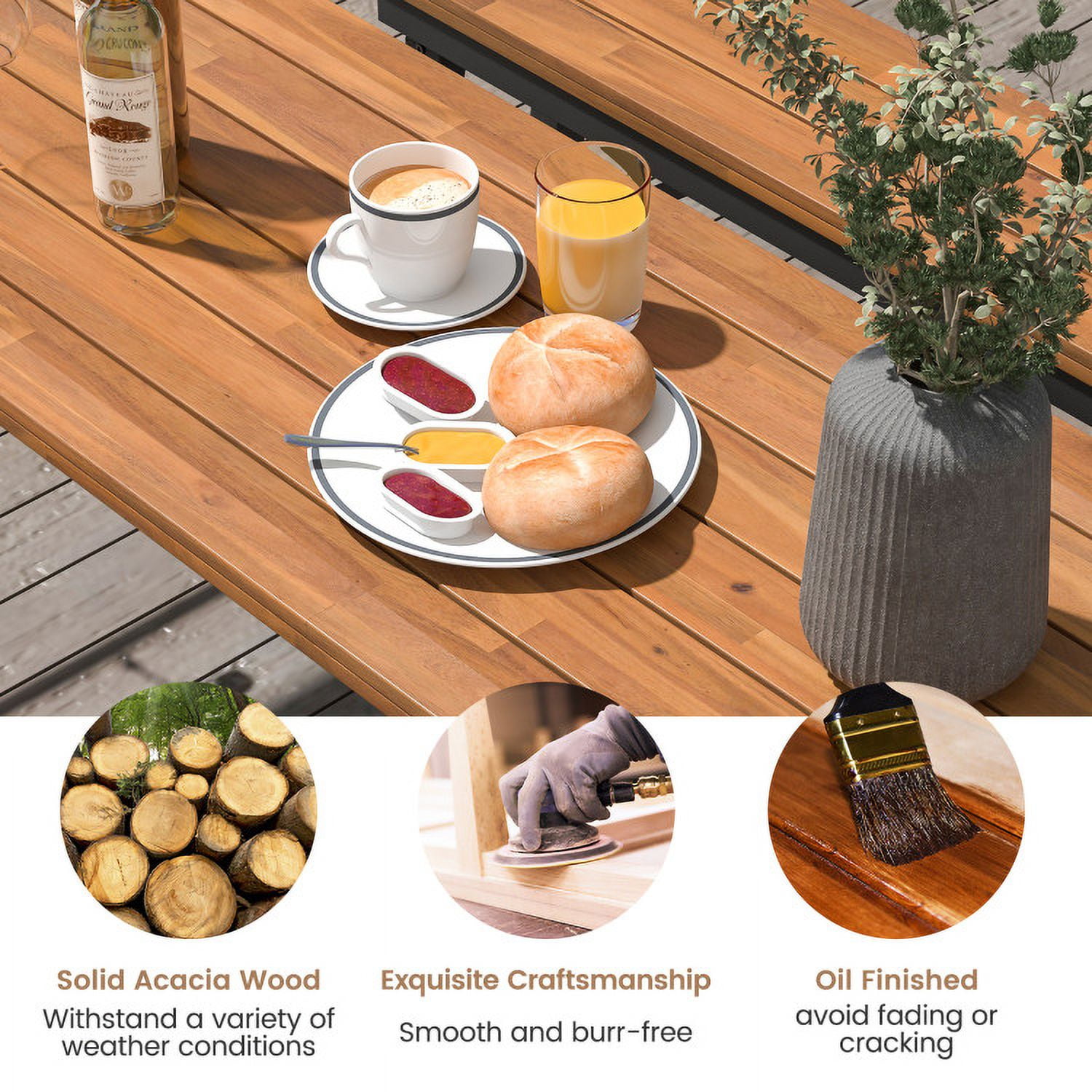 Aimee Lii Outdoor Dining Table and Bench Set with Acacia Wood Top for Yard Garden Poolside, Outdoor Patio Furniture, Brown Aimee Lii Outdoor Dining Table and Bench Set with Acacia Wood Top for Yard Garden Poolside, Outdoor Patio Furniture, Brown