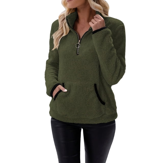 Women Winter Color Pullover Zipper Wool Loose Tops with Pockets