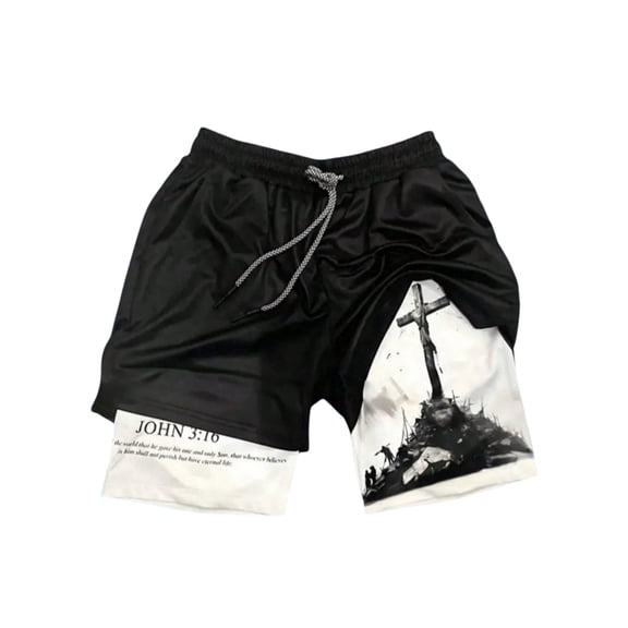 Men's Street Fashion Cross Print Knit Drawstring Shorts 2-in-1 Athletic Shorts Perfect for Gym Basketball & Beach Outings Cross Active Drawstring