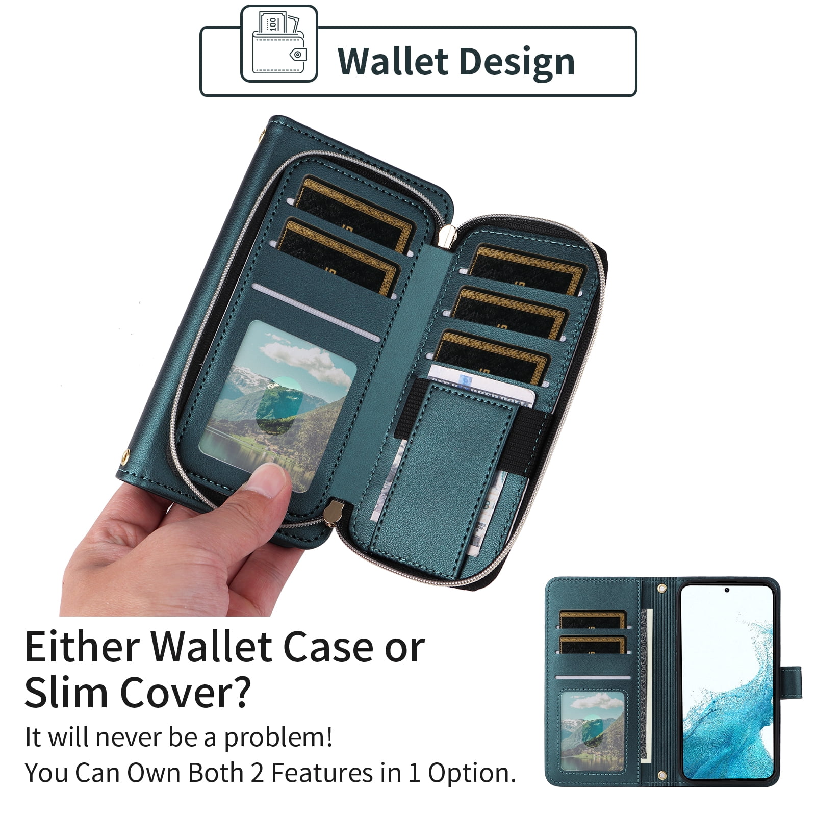 Furiet Wallet Case for Samsung Galaxy S21 FE 5G with Wrist/Shoulder Strap, Card Slots Zipper Purse, Luxury PU Leather Stand Cell Phone Cover for S 21 EF S21FE5G UW S21FE 21S G5 6.4 inch Women Green