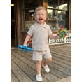 thumbnail image 4 of BemeyourBBs Toddler Baby Boy Summer Clothes Newborn Infant Boys Baptism Outfit Cotton Gauze Solid Color Short Sleeve Button Down Shirt Tops And Shorts Set Pocket, 4 of 9