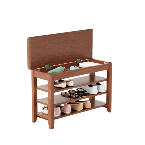 Lisonu Entryway Shoe Bench with Hidden Storage, 3-Tier Solid Rubberwood Shoe Rack Bench with Adjustable Shelves for Hallway, Walnut