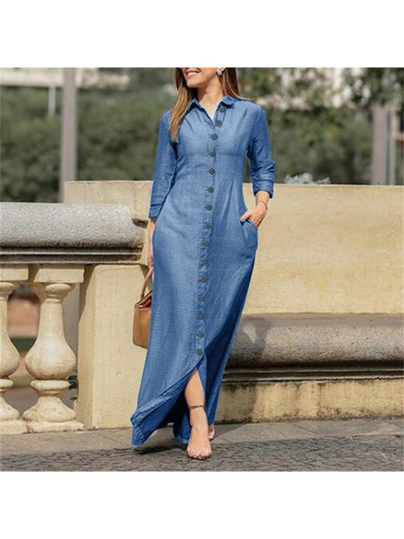 Maxi Dresses,Denim Dress Women Casual Solid Denim Dress V Neck Long Sleeve Button Pocket Loose Long Dress Casual Dresses,Long Sleeve Dress,Long Dresses Light Blue Dress XL