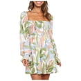 thumbnail image 1 of Femmes Col Carré Robe à Manches Longues Doux Imprimé Floral Volant Automne Dresses Casual une Ligne Swing Courte Mini Robe, 1 of 7