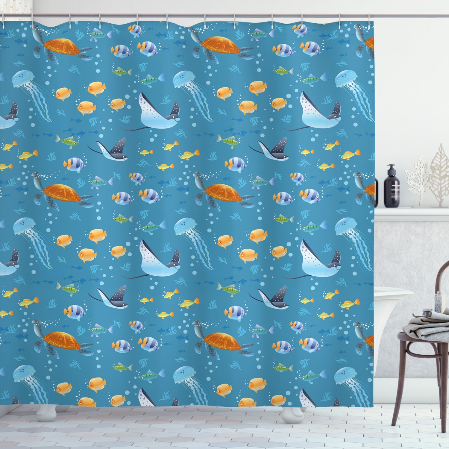 Under the Sea Shower Curtain, Cartoon Style Fish Turtle Swimming