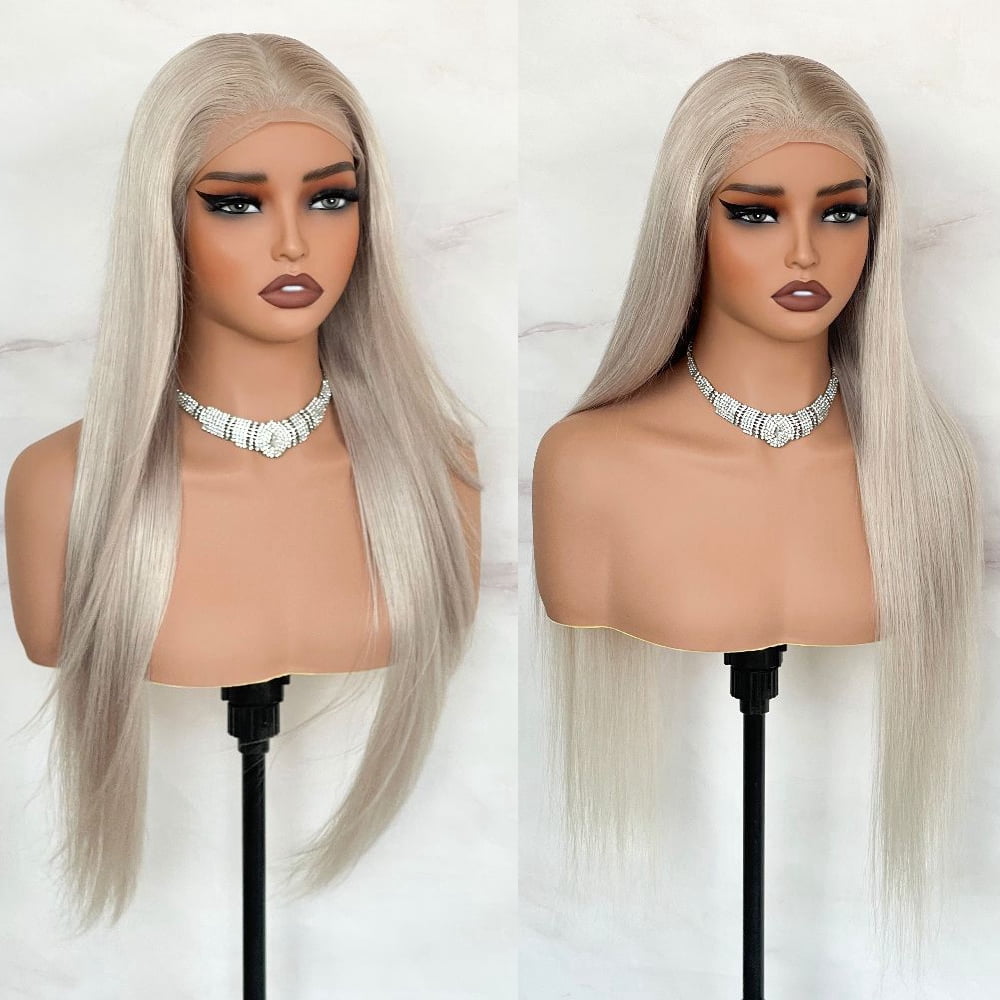 Mscathy 180% Frosted Beige Colored HD 13x4 Lace Front Remy Brazilian Human Hair Wig Bleached Knots Ash Blonde Color 22Inch Straight Glueless Human Hair Wigs For Women
