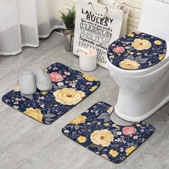 Pioneer Flower Floral Print Pattern Bathroom Rugs Sets 3 Piece,Toilet Cover Set,Absorbent Non Slip Bathroom Mats Sets with U-Shaped Contour Rug Toilet Rug Set