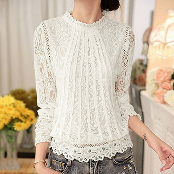 SHITINN Casual Tops for Women Lace Long High Neck Blouse T-Shirt Ladies Loose Sleeve Autumn Pullover Women's Blouse Short Sleeve Tunic Tops for Women Summer Outfits for Women