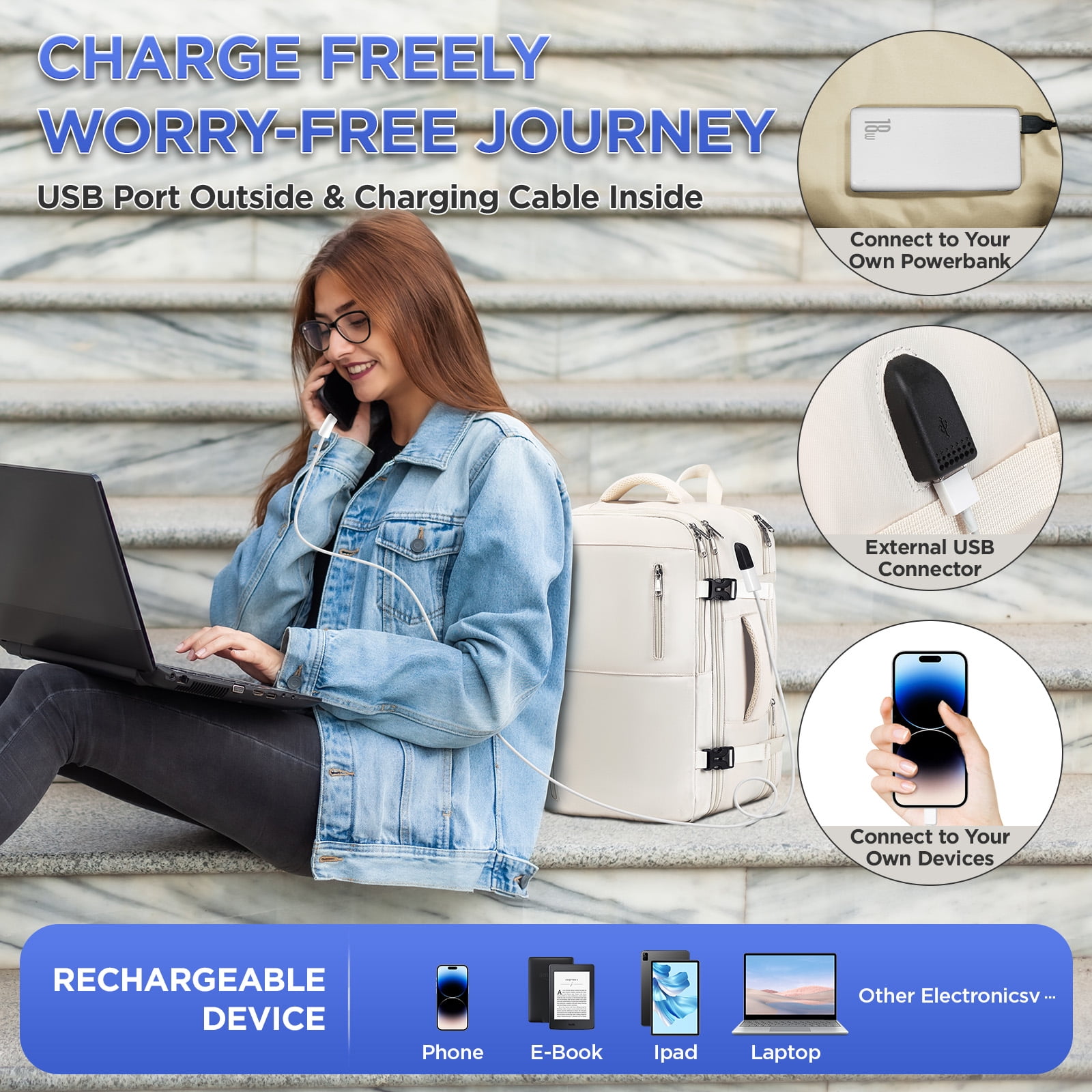 XJ-HOME Large Carry-On Backpack for Travel, Airline Approved Backpack with Charging Port, Waterproof Personal Item Bag for Women Men, Fits 17.3" Laptop, Beige