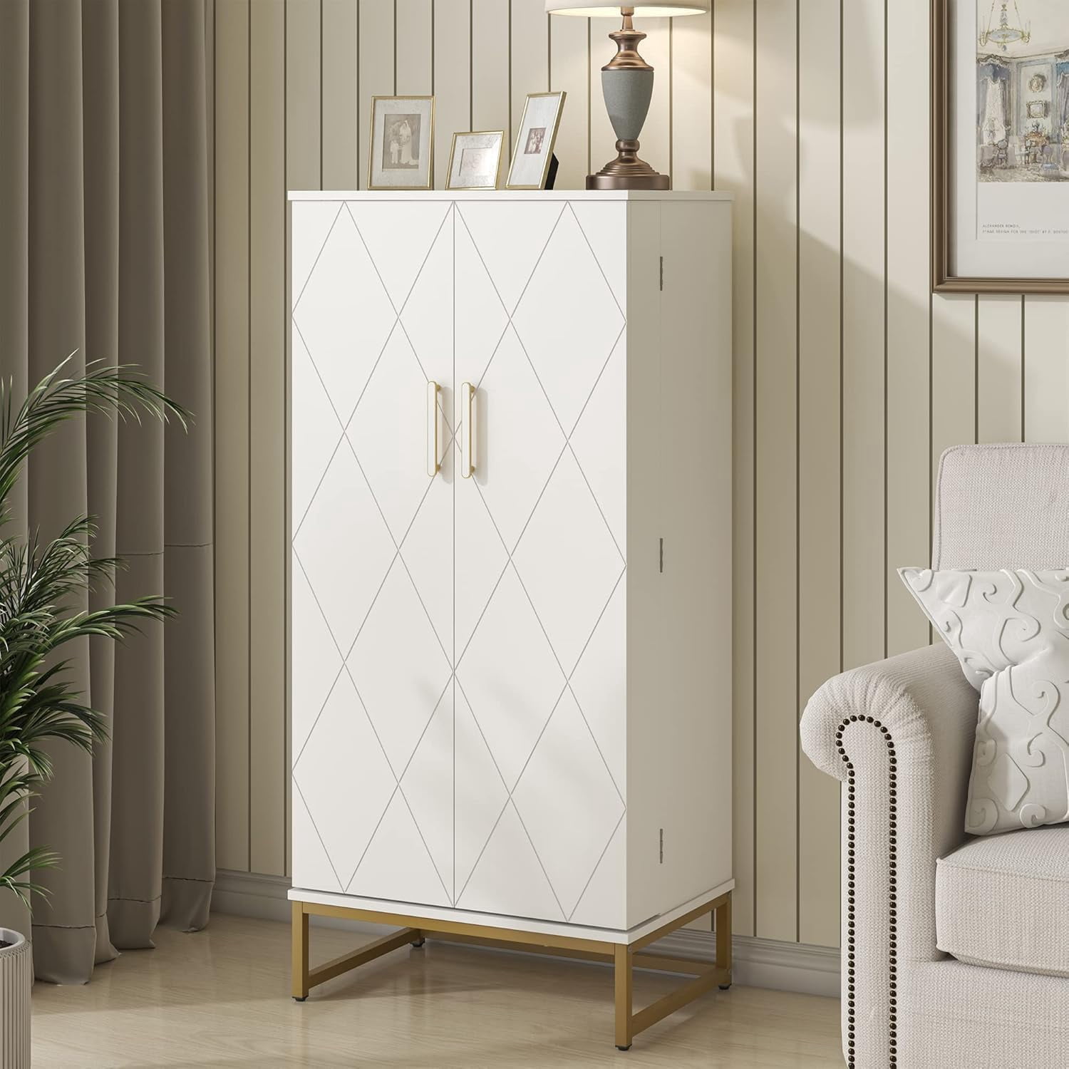 ModFurne Pantry Cabinet, 51.18” Tall Kitchen Storage Cabinet with Adjustable Shelves and Gold Metal Base – Ideal for Kitchen, Living Room & More