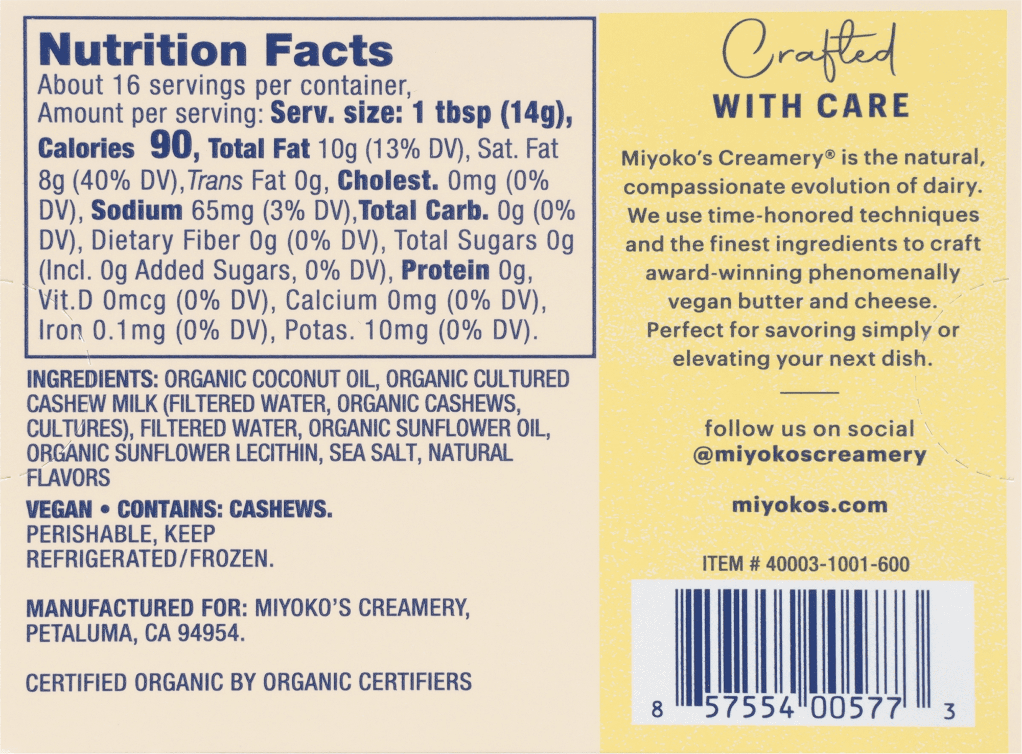 Miyoko's Creamery Salted European-Style Plant Milk Butter Spread, 8 oz Box, Ready to Use