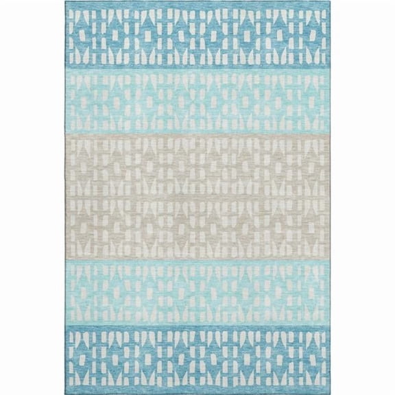 HomeRoots 676366 8 x 10 ft. Teal Beige & Ivory Geometric Transitional Washable Machine Made Rectangle Area Rug with UV Protection