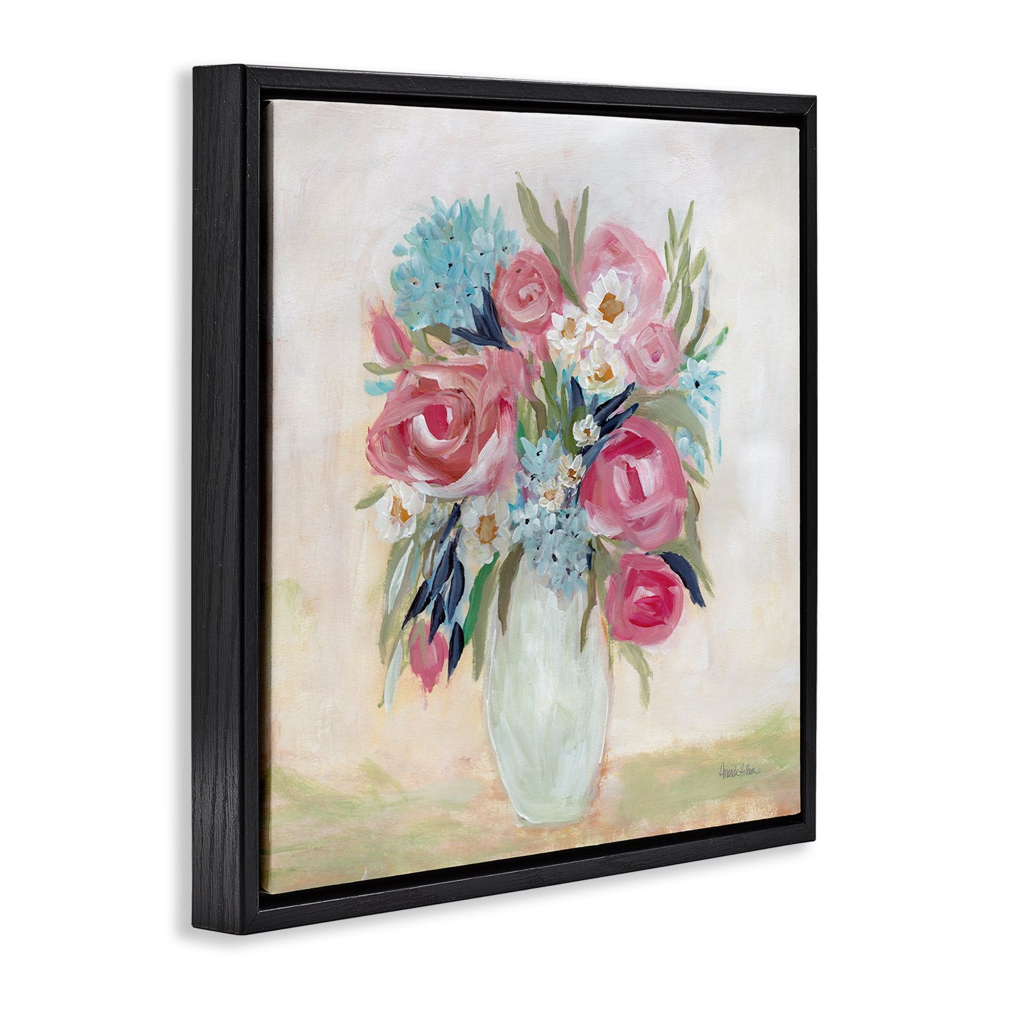 Stupell Industries Drooping Pink Roses Plants & Flowers Painting Black Floater Framed Canvas Art Print Wall Art, 18 x 18