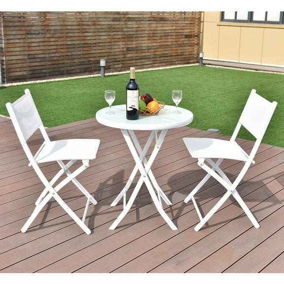 Costway 3 PCS Folding Bistro Table Chairs Set Garden Backyard Patio Furniture White
