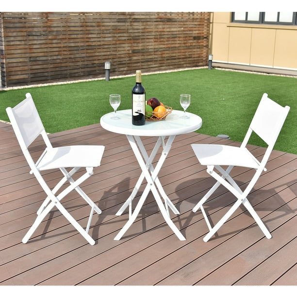 Costway 3 Pcs Folding Bistro Table Chairs Set Garden Backyard Patio Furniture White Com - Foldable Patio Table Chairs