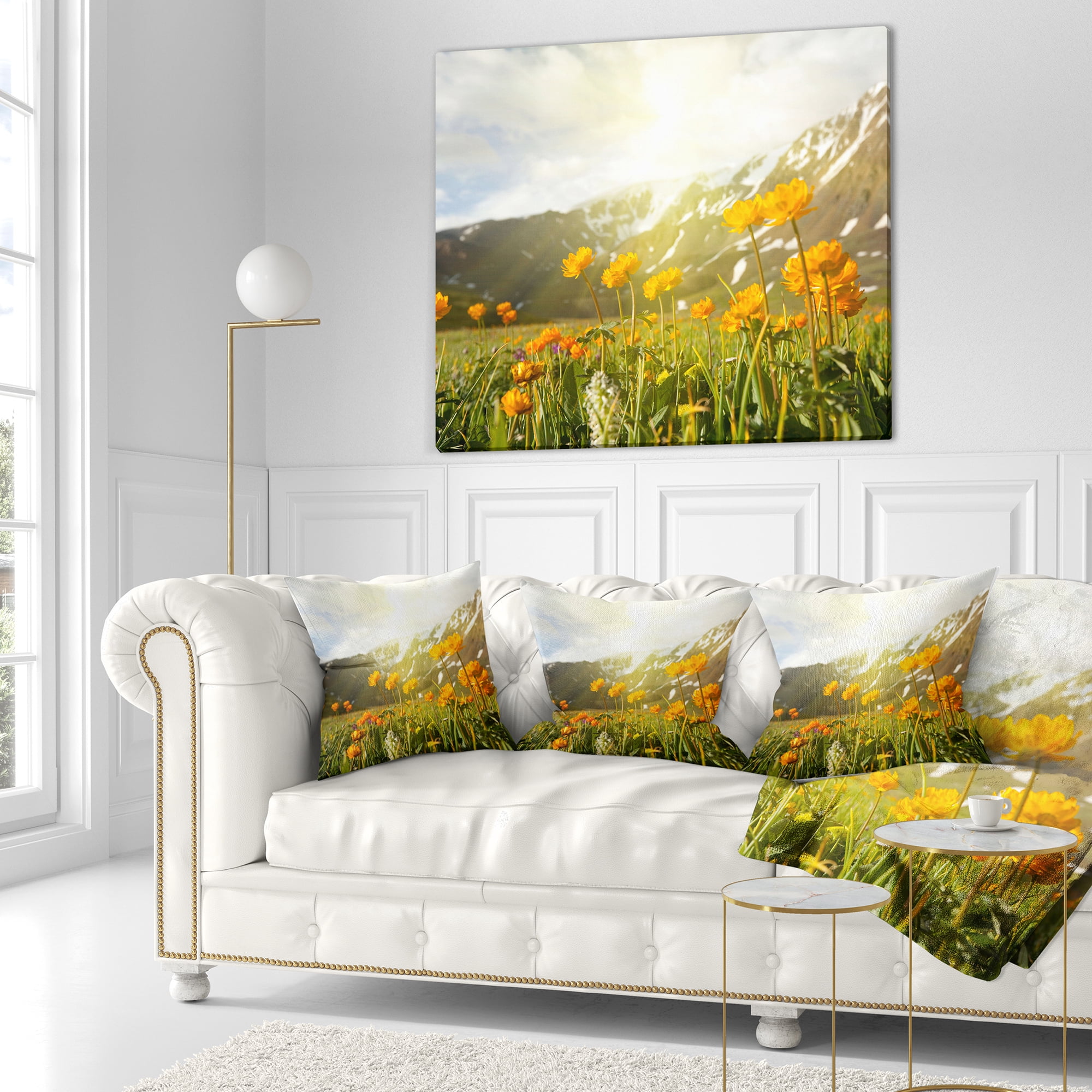 Designart Mountain Pasture with Yellow Flowers - Floral Throw Pillow - 16x16