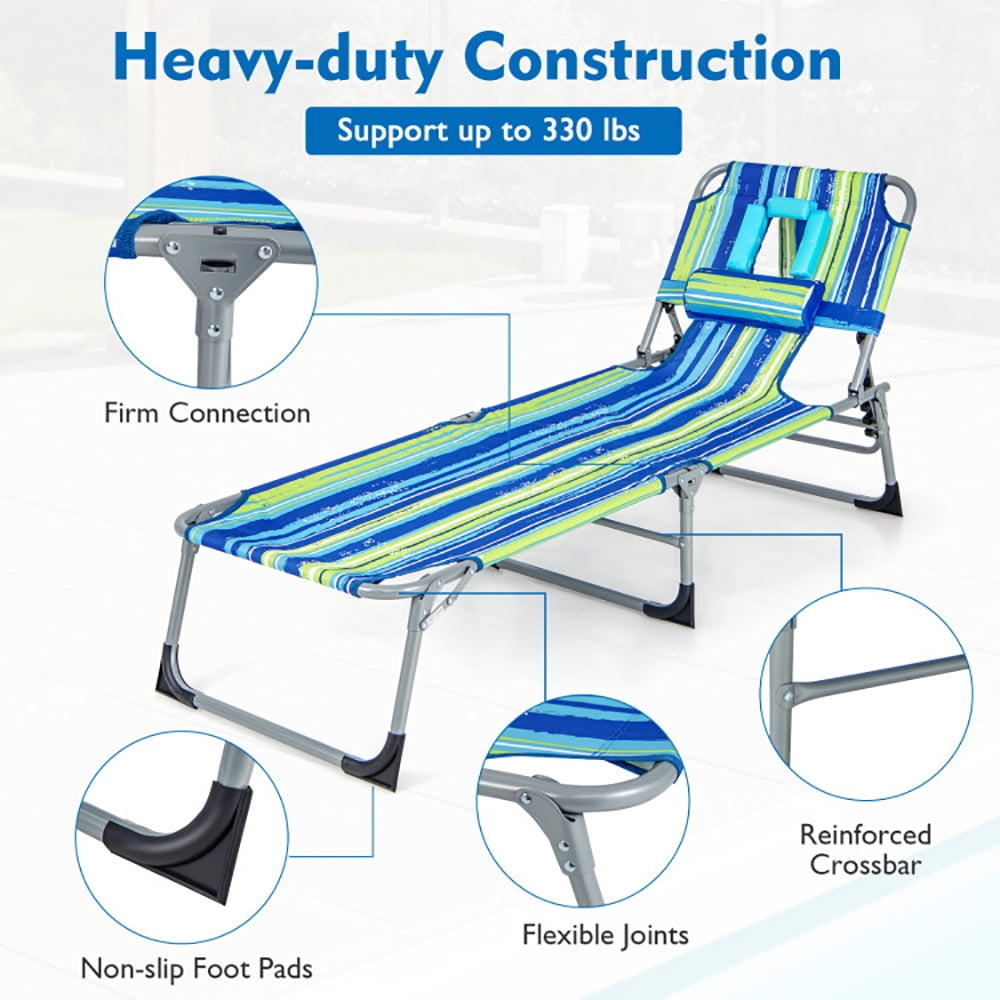 Aimee Lii Folding Beach Lounge Chair with Pillow for Outdoor, Patio Loungers, Blue & Green