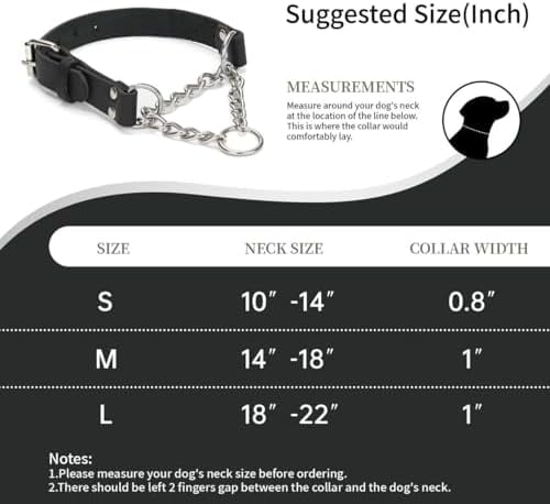 Martingale Collar for Dogs No-Pull Adjustable Training Collar with Stainless Steel Chain - Genuine Leather Anti-Slip Design for Small,Medium,Large Breed Dogs - Black (L)