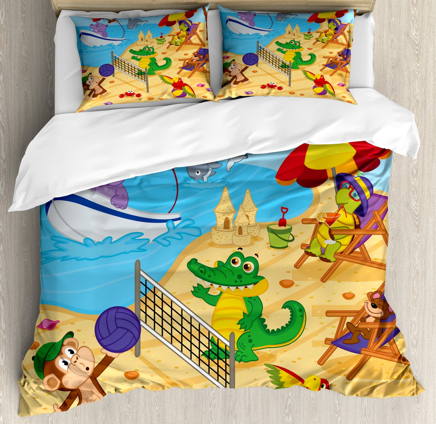 Kids Duvet Cover Set Cartoon Style Animals Playing On Beach