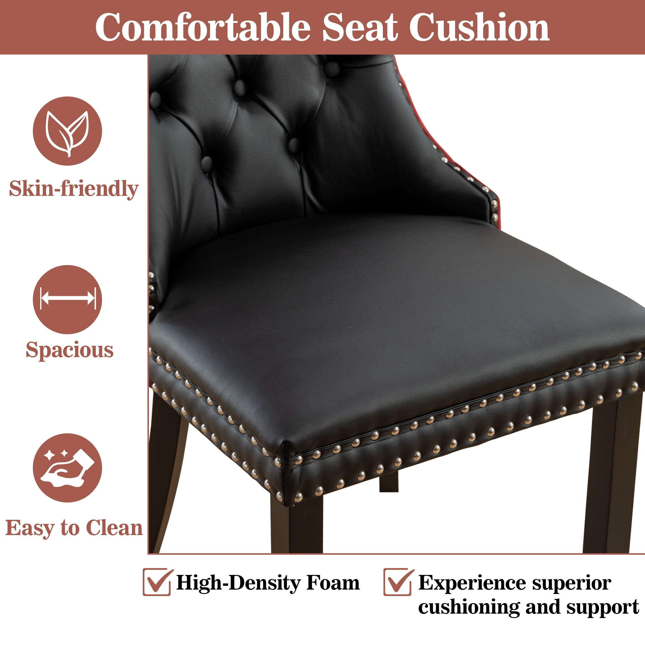 PORKISS Dining Chairs Set of 2, Modern Wood and PU Dining Room Chair with Back Ring and Nailhead Trim, Upholstered Tufted Velvet Chair with Wood Legs for Kitchen, Black/Wine Red