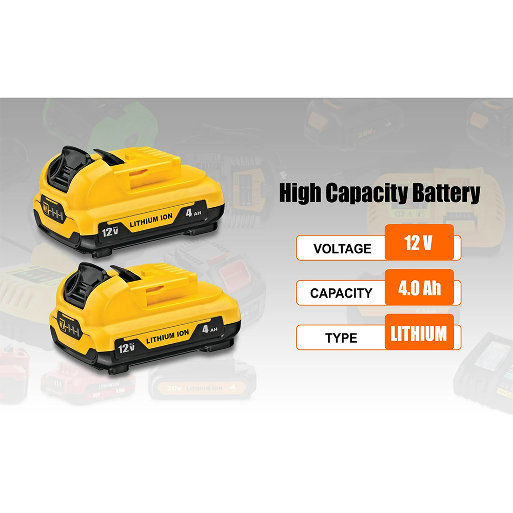 2 Pack DCB124 12V 4.0Ah Battery Replacement for DEWALT 12V Compact Battery 3.0Ah DCB124 2.0Ah DCB122 DCB127 1.5Ah DCB120 12V Max Lithium-ion Battery