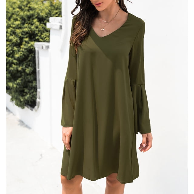 Vestido De Manga De Campana Con Cuello En V, Vestido De Manga Larga De Campana Simple Y Cómodo Para Ir De Compras ANGGREK Otros