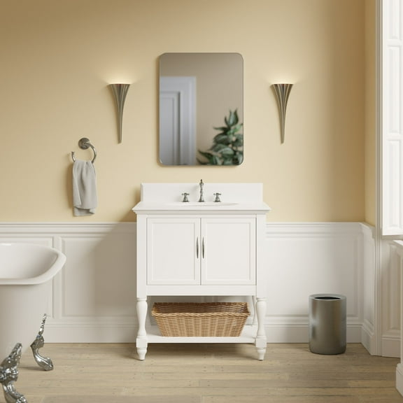 KBC Beverly 30" Solid Wood Bathroom Vanity w/ Quartz Stone in White