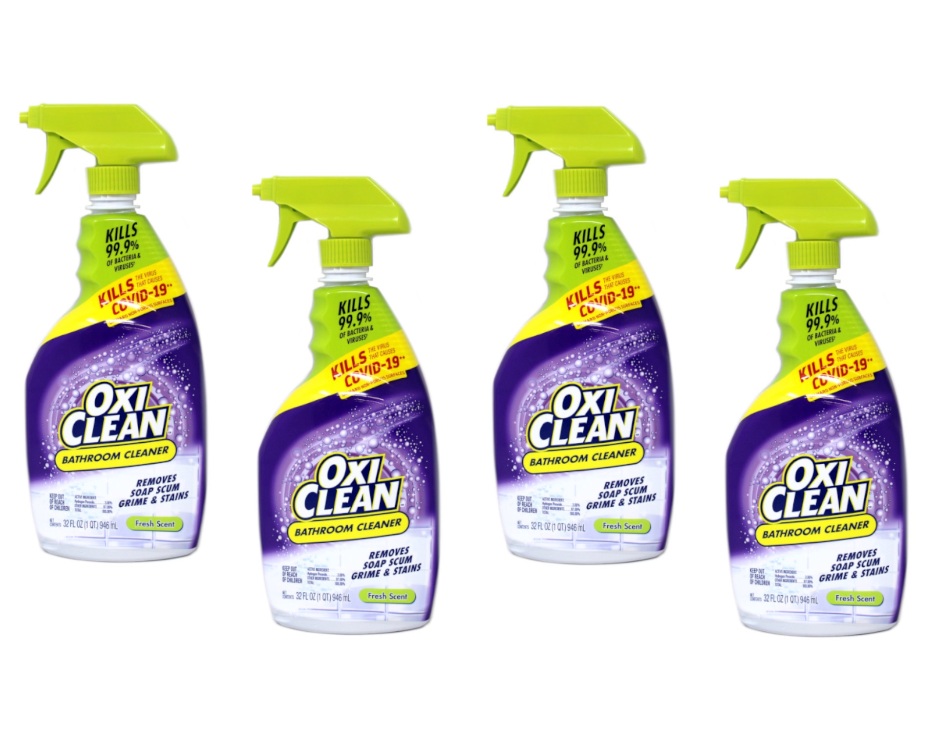 OxiClean Kaboom Shower Bathroom Cleaner Sprays Value Pack with Pack of 4, with Hydrogen Peroxide, Fresh, 32 oz, 4 Count
